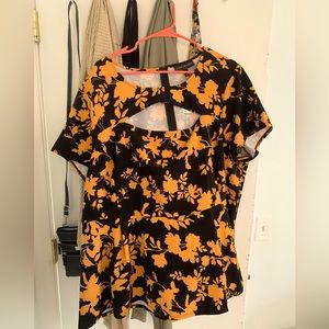 Lane Bryant size 24 golden orange and black peplum, zip back blouse